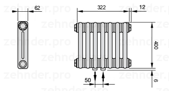 Схема (чертеж) Радиатор Zehnder Charleston 2040/7 №5410 Белый глянцевый RAL 9016